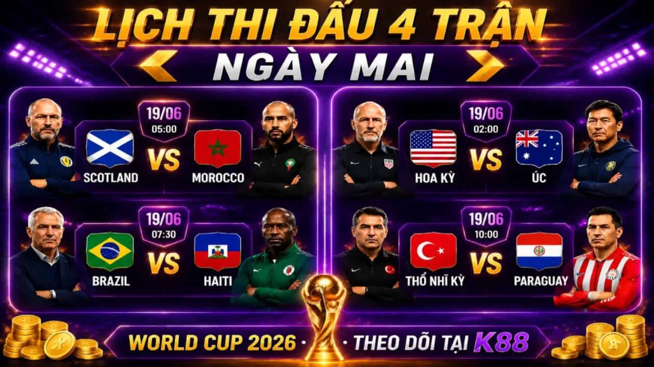 K88 Nhận Định Ngày Thi Đấu World Cup 2026: Bảng C & Bảng D Với 4 Trận Cực Nóng Ngày Mai